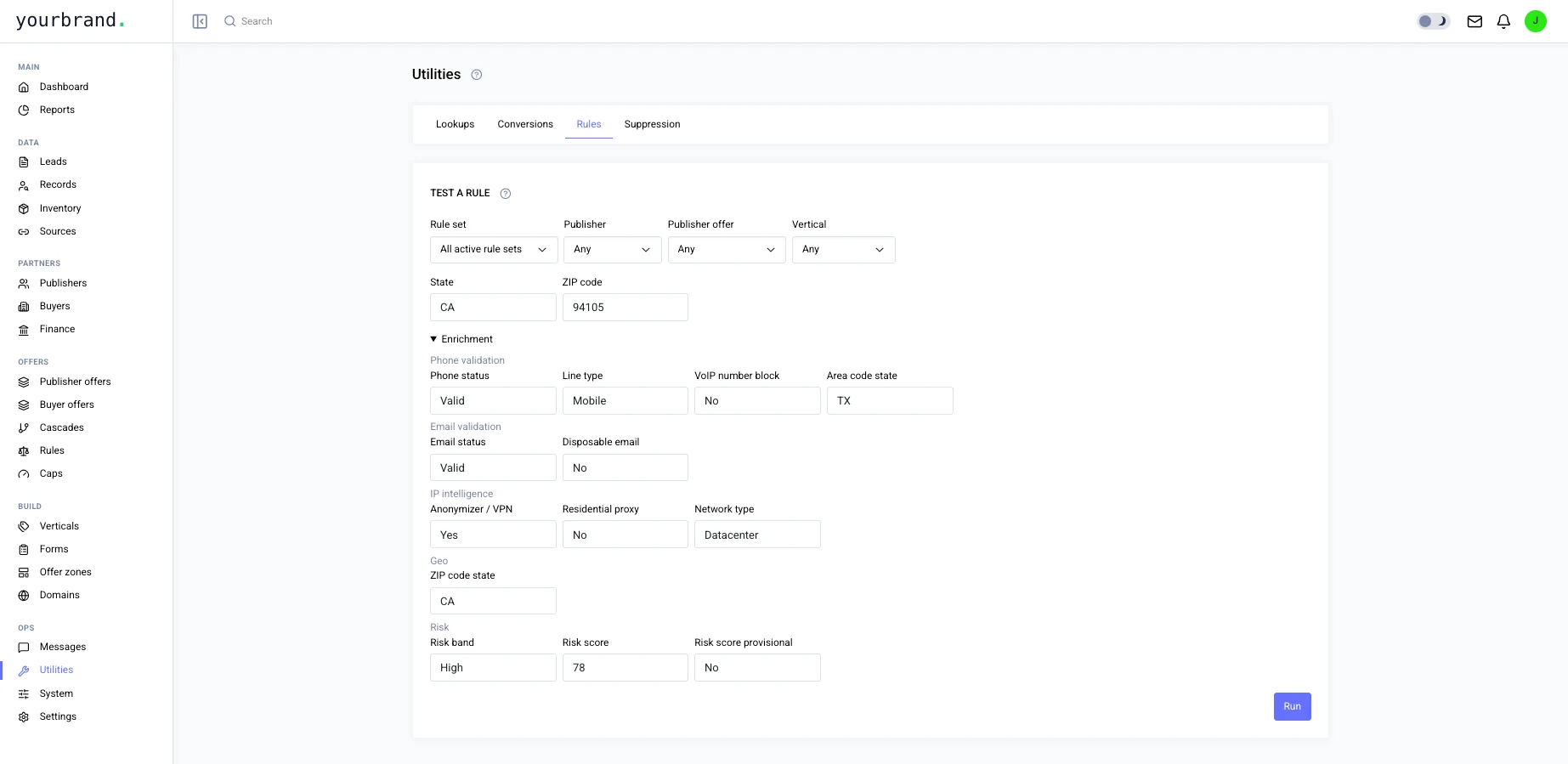 Platform: the rule tester with phone, email and IP checks